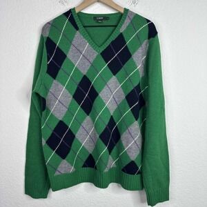 J.Crew Sweater Mens L Green Lambs Wool Argyle Golf Preppy Academia Retro 90s Y2K